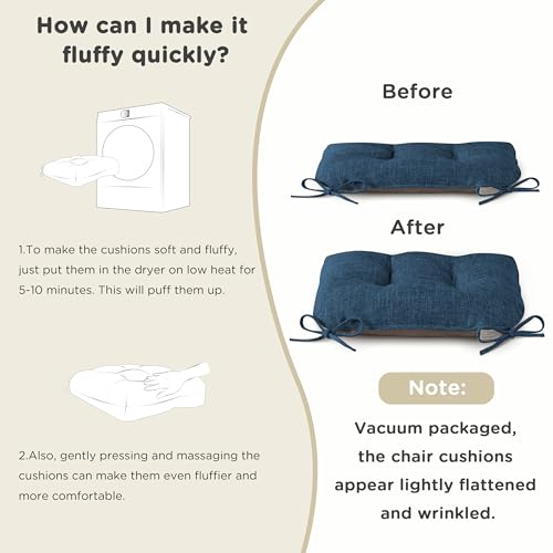 AddGrace Chair Cushions for Dining Chairs Set of 1 Kitchen Seat Cushions with Ties and Non Slip Backing Tufted Indoor Seat Pad for Kitchen Dining Room 18" x 17" x 3" Navy - color: Navy