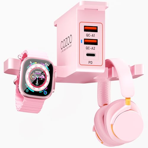 Under Desk Headphone Stand with Charging Station,Dual Headset Hooks, 2 QC3.0 USB A Ports & 20W PD USB C Port, Smart Watch Dock, Cable Management Organizer, Headset Holder Mount for Office Gaming Setup - color: Pink (PD & QC3.0)