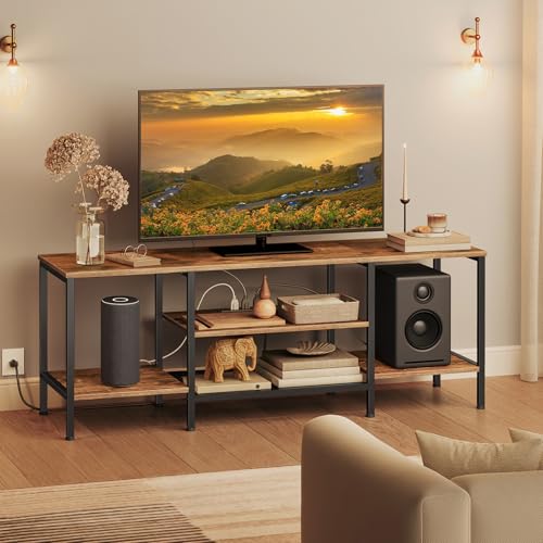 HOOBRO TV Stand with Power Outlets to 65 Inches, TV Console Table with Open Storage Shelves, Industrial Media Entertainment Center for Living Room Bedroom, Rustic Brown and Black BF40DS01 - color: Rustic Brown + Black, size: 55 Inch