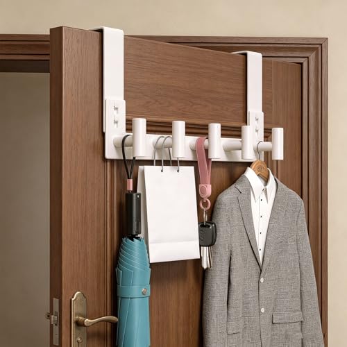 PMMASTO Over The Door Hooks, Fits 1-3/4" Thick Door No Drill Hooks for Closet Bathroom Bedroom Organization, Hanger for Coat Towel Robe (White, 5 T-Hooks) - color: White, size: 7.5 Inch-5 T-Hooks, Fits 1-3/4" Thick Door