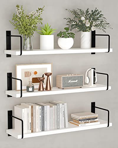 Floating Shelves, 24 Inches Easy to Install Wall Mounted Shelves, Set of 3, Rustic Wood Shelves for Wall Decor, Storage Shelves for Living Room (White) - color: White
