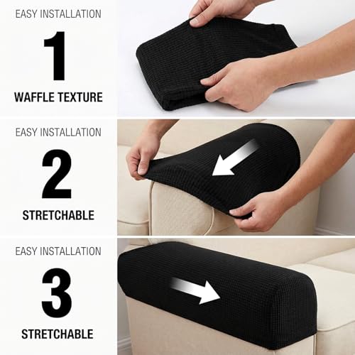 RAINFLOW Stretch Armrest Covers for Sofa - Couch Arm Covers for Recliner, Anti-Slip Furniture Protector for Dogs, Cats, Kids – Soft, Durable, Machine Washable (Black, Set of 2)