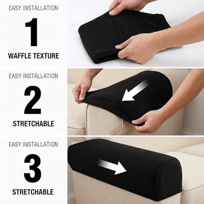 RAINFLOW Stretch Armrest Covers for Sofa - Couch Arm Covers for Recliner, Anti-Slip Furniture Protector for Dogs, Cats, Kids – Soft, Durable, Machine Washable (Black, Set of 2)