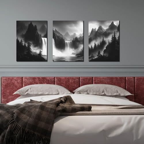 CIRABKY Foggy Forest Wall Art for Living Room - Mountains Canvas Wall Art for Office - Black and White 3 Piece Wall Decor Size 12" x 16" - color: Black White 3, size: 16"L x 12"W x 3 PCS