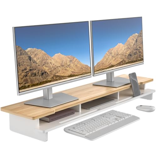 Monitor Stand Dual Monitor Stand Riser for Desk,Wood Desk Shelf Storage Organizer with Phone Tablet Holder (42.5 Inch, White & Natural Bamboo) - color: White & Natural Bamboo, size: 42.5 inch