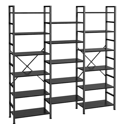 SUPERJARE Triple Bookshelf, Bookcase with 17 Open Display Shelves, Wide Book Shelf Book Case for Home & Office, 6 Tier, Black, ABC003B - color: Black, size: 6 Tier