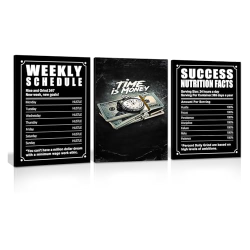 ZHIYANGY 3Pcs Success Nutrition Facts, "Time Is Money" Inspirational Canvas Wall Art, Motivational Entrepreneur Quotes Poster, Hustle Weekly Schedule, Inspirational Canvas Prints for Man Cave Living Room Bedroom Office Wall Decor - color: 3P-Nutrition Fac