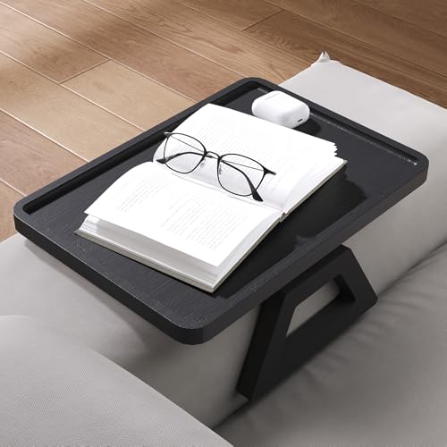 Couch Arm Tray,Bamboo Folding Sofa Tray,Sofa Armrest Trays Clip-On Couch Desk for Drinks,Snacks,Phone,Remote Control（Black） - color: Black, style: 13.0" x 9.4"