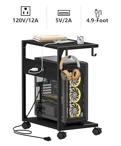 Akxomel 2 Tier Computer Tower Stand with Charging Station, 11.8" D x 16.5" W Rolling Floor PC Tower Stand Fits Under Desk, CPU Holder Cart for Carpet with Hooks, Home Office - color: Black
