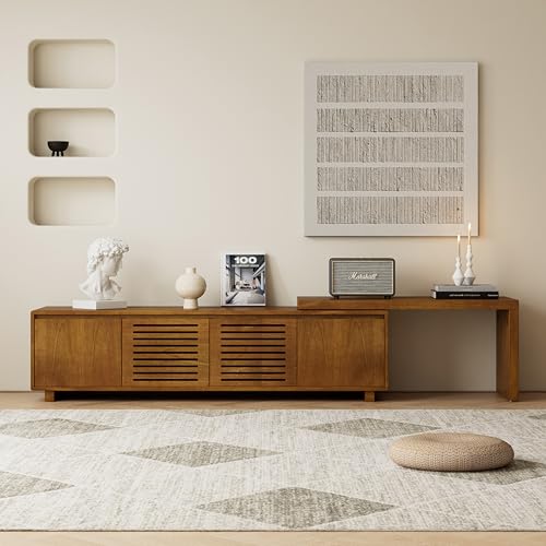 LKTART Mid Century Modern TV Stand,Extendable Entertainment Center for 65/70/75/80 Inch TV,Media Console for Living Room&Bedroom, Brown Ebony - color: Extendable Brown Ebony