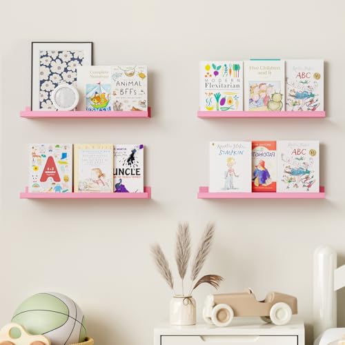 BYCY Metal Floating Shelves Set of 4,15.6 inch Floating Bookshelves for Wall Mounted,Wide Magnetic Book Display Wall Shelves for Classrooms Kitchen Bedroom Room Decor (Pink) - color: Pink, size: 15.7inch,4pcs