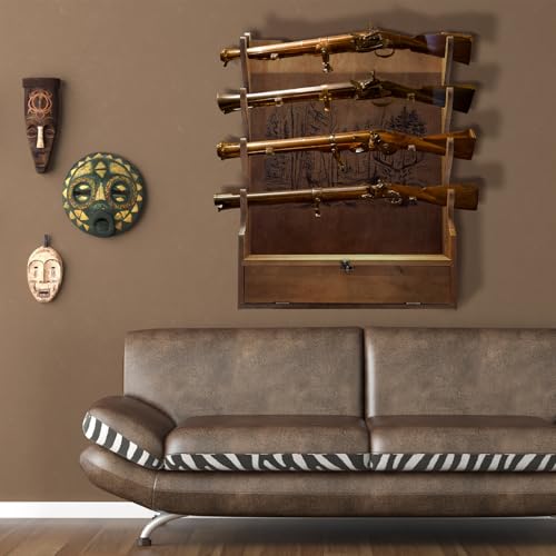 Yuntau Four Gun Wooden Gun Display Rack with Cabinet Storage Compartment and Soft Pad for Rifle Accessories Shotgun Rifle Rack for Wall Mount Home Indoor Decor - style: Deer Pattern
