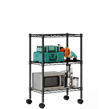 DUMOS 3-Tier Metal Wire Storage Shelves, Adjustable Standing Storage Rack Shelf with Wheels, Heavy Duty Steel Shelving Unit Organizers for Kitchen Bathroom Pantry Garage, 23.1" Wx13.4 Dx30.2 H, Black - size: 3 Tiers with wheels-30.31"H