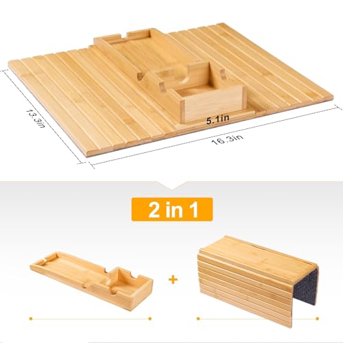 Bestjing Bamboo Sofa Armrest Tray - Couch Arm Tray with Detachable Couch Cup Holder - 2 in 1 Anti-Slip Foldable Sofa Armchair Caddy Table for Drinks Cellphone TV Remote Snacks - color: Bamboo, size: 16.3" x 13.3" x 2"