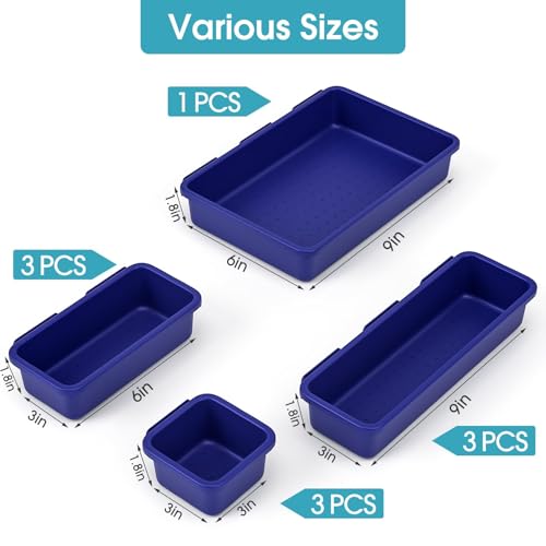10 PCS Drawer Organizer Set, 4 Size Makeup Drawer Divider Organizer With Non-Slip Pads, Interlocking Plastic Storage Bins for Office,Jewelry Vanity,Gadgets, Bathroom,Kitchen, Navy - color: Navy, size: 10Pack