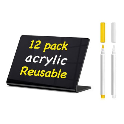 PigPotParty Acrylic Mini Chalkboard Signs for Outdoor Party Buffet, 12 Pcs 4"x3", Glossy Black Elegant Food Labels for Wedding, Table Signs, Place Cards, Include 2 Wet Erase Markers - style: Acrylic L-12 (Outdoor)