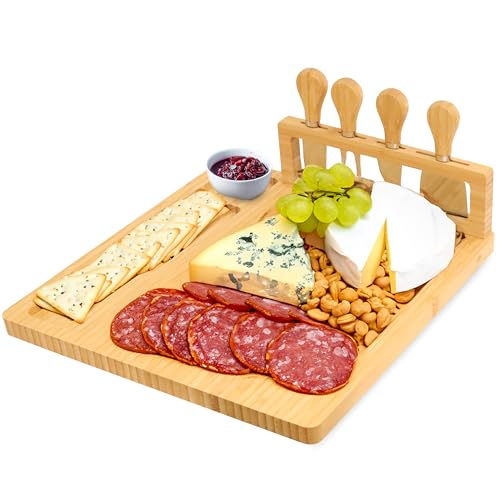 RoyalHouse Bamboo Cheese Board and Knife Set with Magnetic Holder - Serving Tray for Crackers, Meat, and Wine - Anniversary and Wedding Gift - style: Cheese Board Set with Magnet Holder