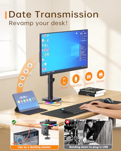 RGB Single Monitor Stand with USB Hub, Desk Mount for 13-27 Inch Screens, 1 USB-C & 2 USB Ports for Charging & Data Transfer, Adjustable VESA Monitor Mount, Height Tilt Swivel Rotation, Up to 17.6lbs - size: RGB Single Monitor Stand