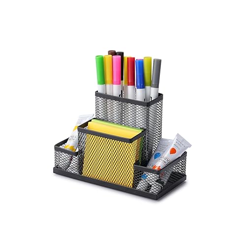 Huron Pen Holder and Desk Organizer Caddy, 4 Compartment Storage for Pencils Pens Sticky Notes Office Desk Accessories for Home Office,Black Steel Mesh (1/4/24/96) (1 pc)