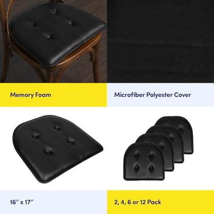 Sweet Home Collection Chair Cushion Memory Foam Pads Tufted Slip Non Skid Rubber Back U-Shaped 17" x 16" Seat Cover, Faux Leather Black 4 Count - color: Faux Leather Black, size: 4 Pack, style: Foam Pads