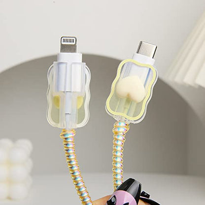Compatible with iPhone 18W/20W USB-C Charger Cover Lovely 3D Love Heart Waves Clear Soft Charger Protector Cute Cable Saver for iPhone 11 12 13 14 Pro Max Fast Power Adapter, Beige 1 (5in1) - color: Beige 1 (5 in 1)