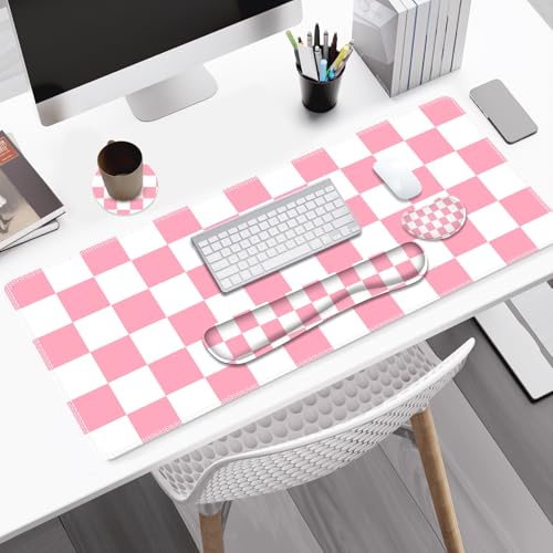 Pastel Pink White Checker Mouse Pad Set, 4 in1 Ergonomics Keyboard Desk Mat with Memory Foam Wrist Rest, Extended Game Mousepad, Non-Slip Large Gaming Desk Pad Matt Easy Typing Pain Relief - color: Pastel Pink White Checker