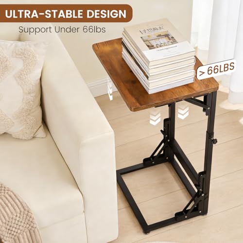 Folding Side Table, Adjustable C-Shaped End Table for Couch, Metal Frame TV Tray Table for Sofa Living Bedroom Bedside Coffee Small Spaces (Brown, 15.8" L x 11.8" W) - size: 15.8"L x 11.8"W