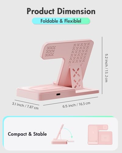 Wireless Charger Stand Charging Station: 3 in 1 Charger Stand Multiple Devices for Apple - iPhone 17 16e 16 15 14 Pro Max 13 12 - Watch 11 10 9 8 7 6 5 4 3 2 SE and Ultra Series-Airpods 4 3 Pro, Pink - color: Pink