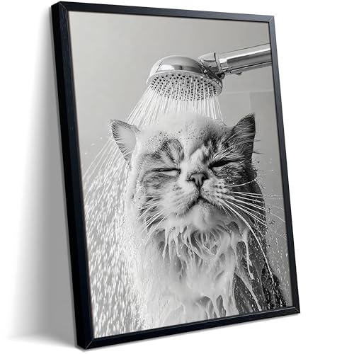 XYHYRA Cute Cat Bathroom Decor Funny Animal Bathroom Wall Art Cat Bathing Wall Decor Poster Painting Black and White Canvas Print Artwork Modern Farmhouse Restroom Home Decoration 12x16 Inch Wood Framed - color: Black and White Animation-E, size: 16"L x 1
