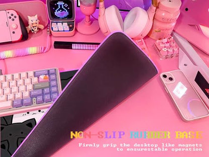 JMIYAV Pink RGB Gaming Mouse Pad 31.5x12 Inch PC XL Large Extended Glowing Led Light Up Desk Pad Non-Slip Rubber Base Computer Cute Mousepad Mat Desk Accessories Gaming Setup Lone Cat - color: Lone Cat