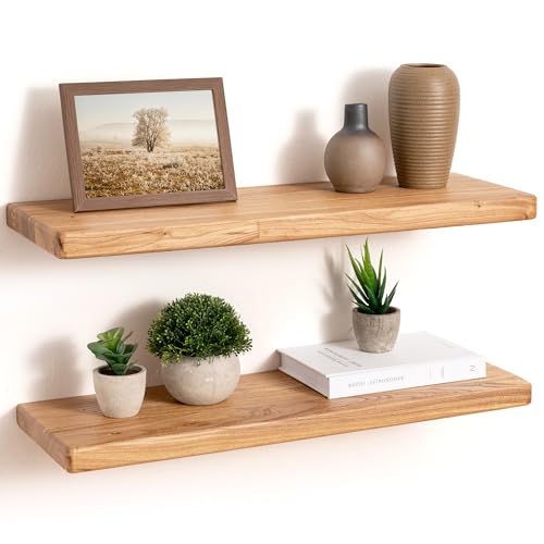 24" Rustic Elm Wood Floating Shelves, 8 Inch Deep Wall Shelves for Home Decor, Wall Mounted Floating Shelf with Invisible Bracket, Heavy-Duty Storage & Display Shelf for Living Room, Kitchen, Set of 2 - color: Usa-sourced Elm Wood, size: 24"W x 8"D