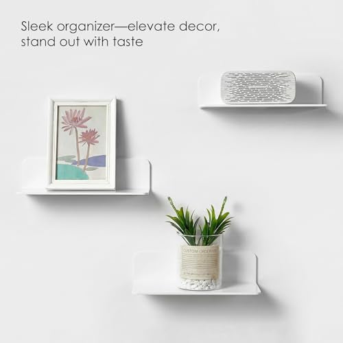 OAPRIRE White Floating Shelves Wall Mounted Set of 2 - Easily Expand Wall Space - Acrylic Hanging Shelves for Bedroom, Gaming Room, Living Room, Bathroom, Office with Cable Clips - color: White
