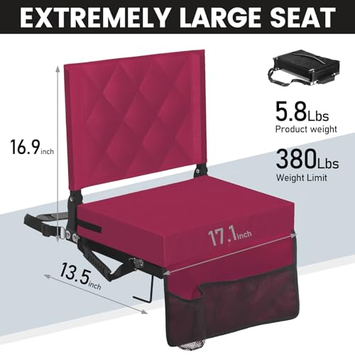 Sheenive Stadium Seats for Bleachers with Back Support, Bleacher Seats with Backs and Cushion Wide, Padded Portable Folding Comfort Stadium Chair with Shoulder Strap, Perfect for Sports Events, Maroon - color: Maroon