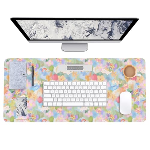 AUPET PU Leather Desk Pad Protector Blotter, Animal 35 x 17in Large Mouse Pad,Cute Office Desk Mat,Waterproof Non-Slip Desk Writing Drawing Pad for Office Home Game (Colorful Flower Cat) - color: Colorful Flower Cat