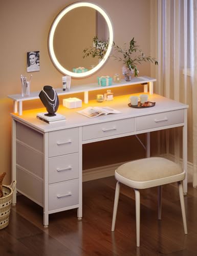Seventable Computer Desk with Power Outlets & LED Light, 39 inch Home Office Desk with 5 Drawers, Writing Desk with Monitor Stand, Work Desk for Home Office, White - size: 39 inch