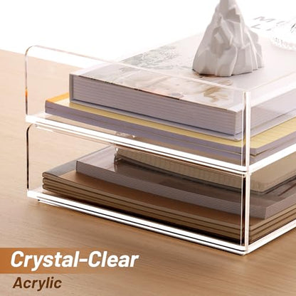 SANRUI Acrylic Paper Tray Organizer for Desk,Desk Organizers and Accessories,2 Pack Stackable Paper Organizer for Letter,Documents,Books,Magazines Crystal-Clear File Organizer - style: A4 Horizontal File Trays 2 Tier