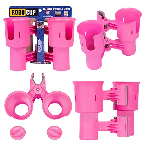 ROBOCUP, (Hot Pink EZ-Spring), Patented Clamp On Boat Cup Holder |Multifunction Dual Drink Caddy for Fishing Poles, Tools, Net |Portable Storage for Boating, Beach, Umbrellas, Golf Carts, Strollers - color: Hot Pink, size: EZ-Spring