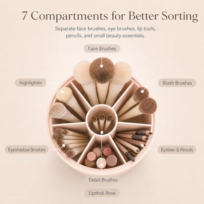 EACHY Makeup Brush Holder with Lid, 360° Rotating Vanity Organizer for Brushes, Dustproof Cosmetic Display Case, 7 Compartments, Waterproof Plastic (White) - color: White