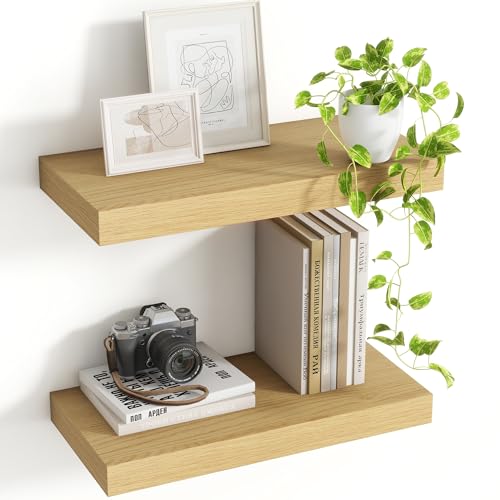Acovy 16 Inch Floating Shelves, 8 Inch Deep Floating Shelves for Wall, Hanging Shelf with Invisible Brackets, Deep Shelves for Bathroom, Bedroom, Living Room, Oak, Set of 2 - color: Oak, size: 8"Wx16"L-2pcs
