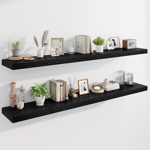 Marsmiles 72" Floating Shelves for Wall, Wooden Shelves with Invisible Brackets Set of 2, Rustic Farmhouse Wall Mounted Shelf for Kitchen Bathroom Living Room Study, Black - color: Black, size: 72"