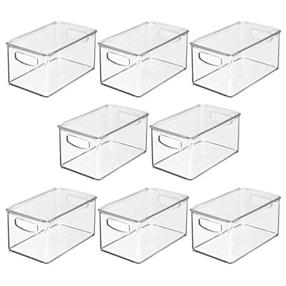 mDesign Deep Plastic Bathroom Storage Bin Box, Lid/Built-in Handles, Organization for Makeup, Hair Styling Tools, Toiletry Accessories in Cabinet, Shelves, Ligne Collection, 8 Pack, Clear