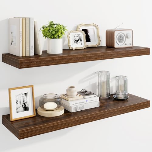 Marsmiles 36" Floating Shelves for Wall, Wooden Shelves with Invisible Brackets Set of 2, Rustic Farmhouse Wall Mounted Shelf for Kitchen Bathroom Living Room Study, Walnut - color: Walnut, size: 36"