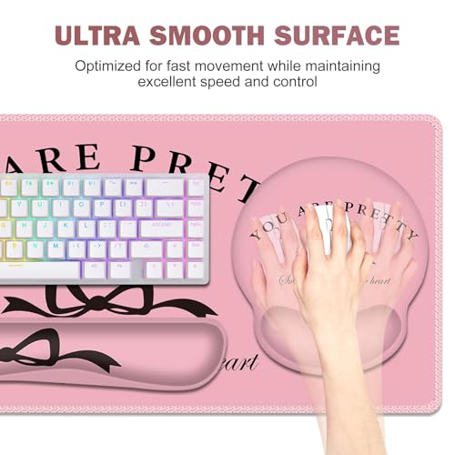 Gaming Mouse Pad, Large Desk Mat, Cute Desk Pad Protector, 4in1 XXL Mousepad + Keyboard Wrist Rest+Mouse Wrist Rest+Coaster Set with Ergonomic Desk Pad for Home Office Table Computer, Pink Pretty Bow - color: Pink Pretty Bow