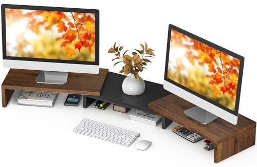 TAVR Dual Monitor Stand Riser, Computer Monitor Stands for 2 Monitors, Extra Long Multifunctional Wooden Desktop Organizer Riser for Computer, Laptop, PC, Printer, TV, Max 43.3" Length, Rustic Brown - color: Rustic Brown