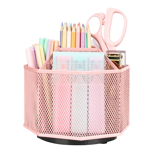 Exerz Desk Organiser/Mesh Desk Tidy Candy/Pen Holder/Multifunctional Organiser 360 Rotating - color: Light Pink