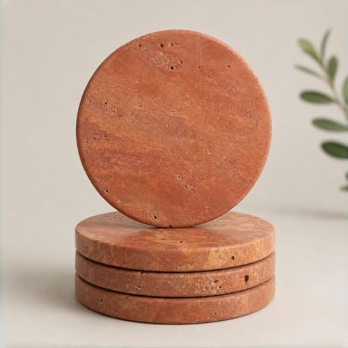 Natural Travertine Coasters Set of 4 – Absorbent Stone Drink Coasters with Cork Backing, 4” Round Neutral Coffee Table Décor for Organic Modern Home Aesthetic - color: Red