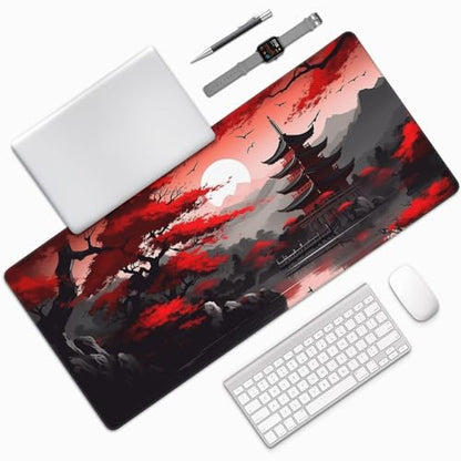 Large Gaming Mouse Pad, Red Japanese Pagoda Design with Cherry Blossoms, 35.4x15.7 Inches, Non-Slip Rubber Base, Stitched Edges, Desk Mat for Gaming and Office - color: Red Tower