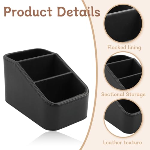 PU Leather Remote Control Holder, Small TV Remote Holder with 3 Compartments, Bedside Table Desktop Organizer for DVD, Media Player, Heater Controllers, Cosmetics, Office Supplies(COLOR:Black)