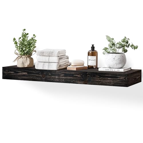 48x3x7in Solid Wood Floating Shelf – Black Rustic Wall Mounted Fireplace Mantel Shelf – Heavy Duty Decorative Fireplace Mantel for Living Room, Kitchen, Bathroom, Bedroom - color: Black, size: 48x3x7-hollow