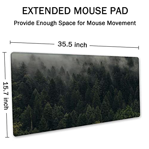 SSOIU Pine Trees Desk Pad, Extended Gaming Mouse Pad (35.5x15.7 in), Large Non-Slip Rubber Base Mousepad with Stitched Edges, Waterproof Keyboard Mouse Pad Desk Mat for Work, Game, Office, Home - color: Pine Trees
